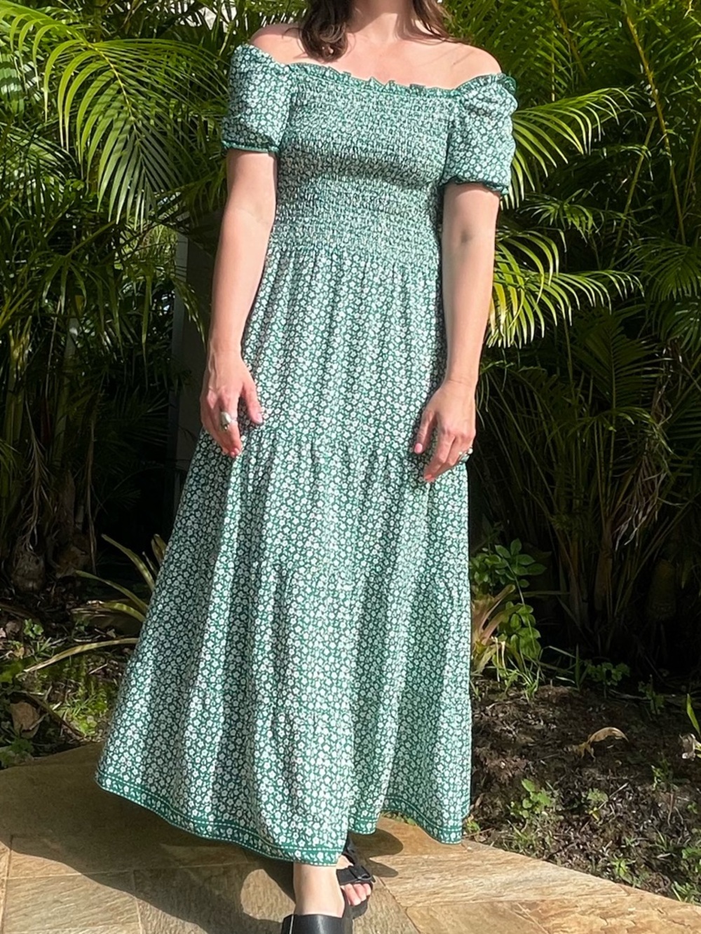Max Studio Green and White Ditzy Floral Off Shoulder Maxi Dress